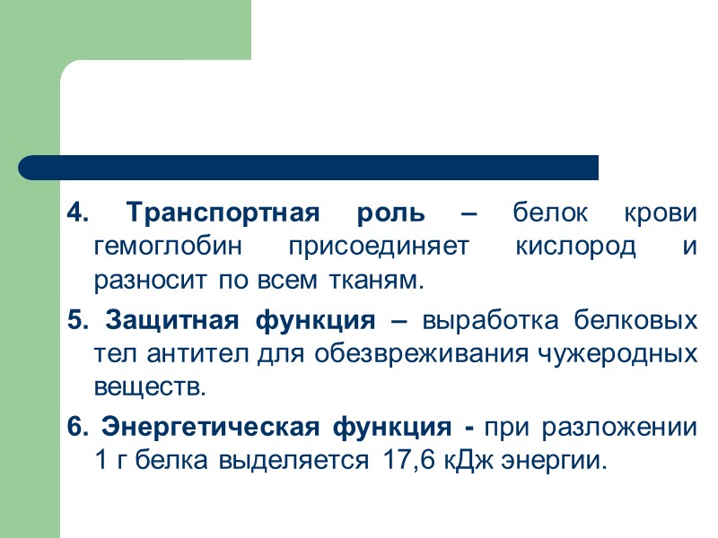 4. Транспортная роль – белок крови гемоглобин присоединяет кислород и разносит по всем тканям.
